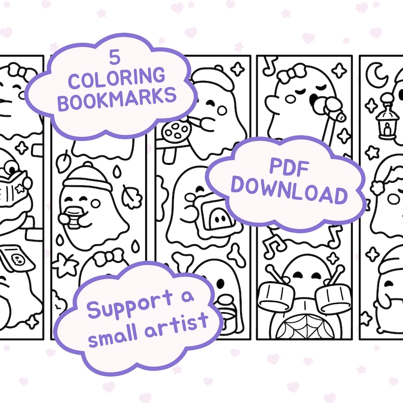 May include: Five black and white printable bookmarks featuring line art illustrations of ghosts engaged in various activities like singing, drumming, and reading. The image includes text overlays that read 5 COLORING BOOKMARKS, PDF DOWNLOAD, and Support a small artist.