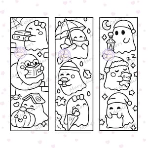 May include: Three vertical rectangular bookmarks featuring black and white line art of cute ghosts. The designs include ghosts reading books, holding umbrellas, wearing hats, carrying pumpkins, and sleeping with a teddy bear under a crescent moon.