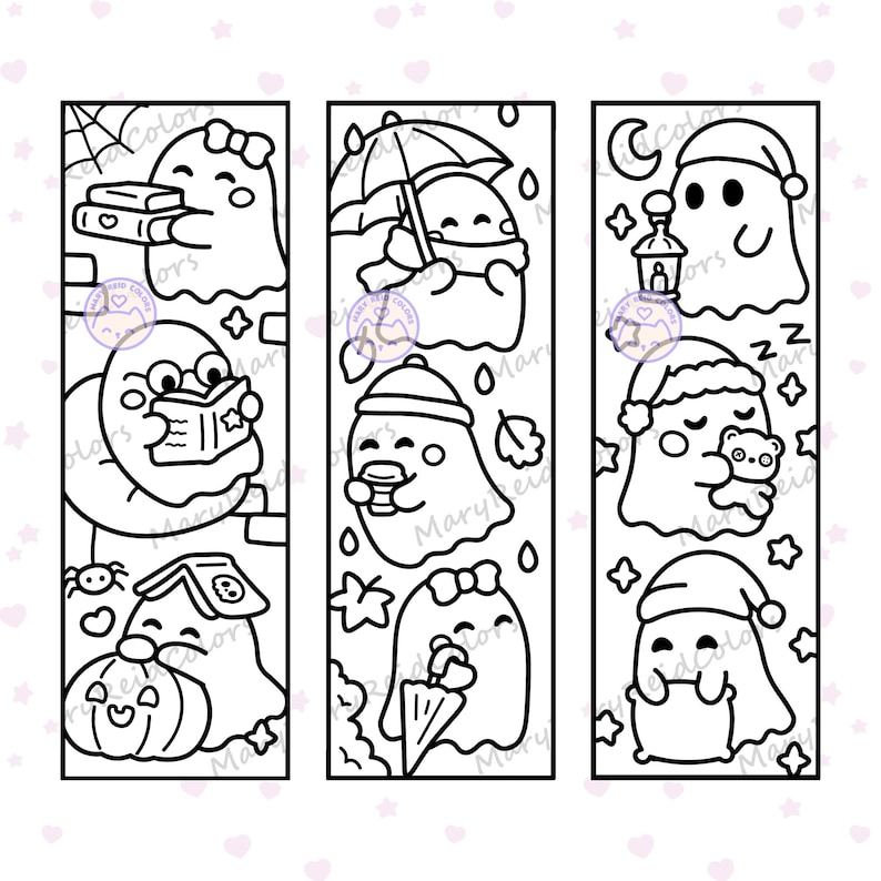 May include: Three vertical rectangular bookmarks featuring black and white line art of cute ghosts. The designs include ghosts reading books, holding umbrellas, wearing hats, carrying pumpkins, and sleeping with a teddy bear under a crescent moon.