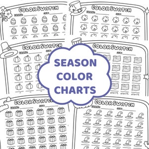 Muestras de colores en blanco, tabla de colores imprimible, hojas de tablas, muestras de colores de estaciones, material imprimible lindo, cosas lindas kawaii, actividades de terapia artística