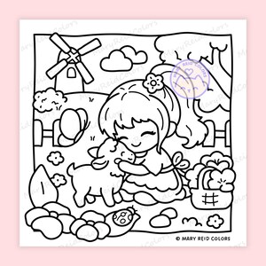 Peut inclure: Illustration en noir et blanc d'une fille &eacute;treignant un agneau dans une sc&egrave;ne de ferme. L'image comprend un moulin &agrave; vent, des nuages, des fleurs, un papillon et un panier. Le texte "Mary Reid Colors" est visible.