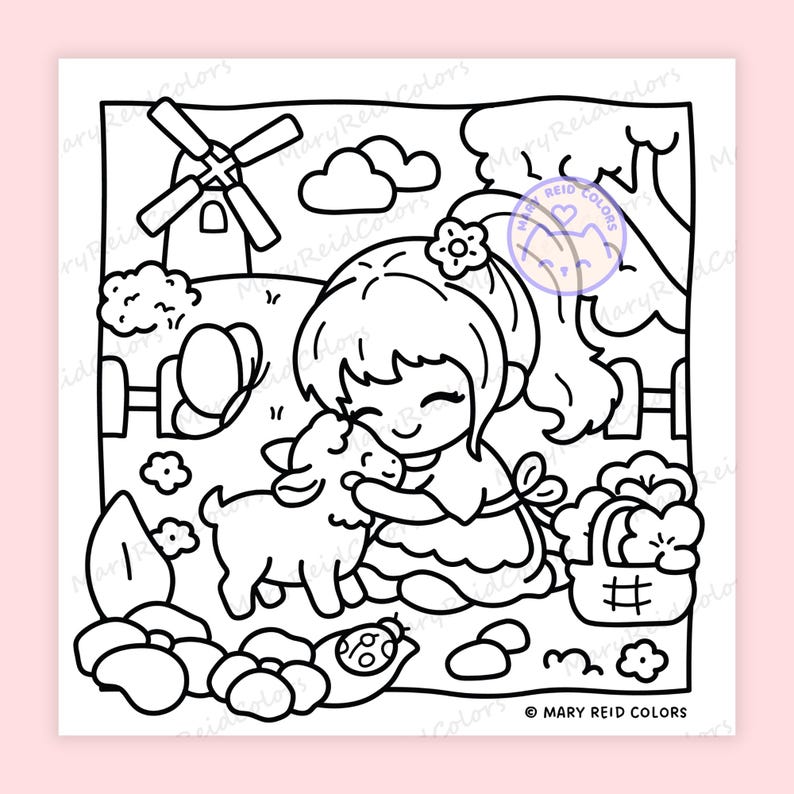 Peut inclure: Illustration en noir et blanc d'une fille &eacute;treignant un agneau dans une sc&egrave;ne de ferme. L'image comprend un moulin &agrave; vent, des nuages, des fleurs, un papillon et un panier. Le texte "Mary Reid Colors" est visible.
