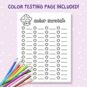 Puede incluir: Una p&aacute;gina de muestra de color imprimible con una linda ilustraci&oacute;n de hongo y el texto "color swatch". La p&aacute;gina tiene 18 filas de c&iacute;rculos y l&iacute;neas para probar colores.