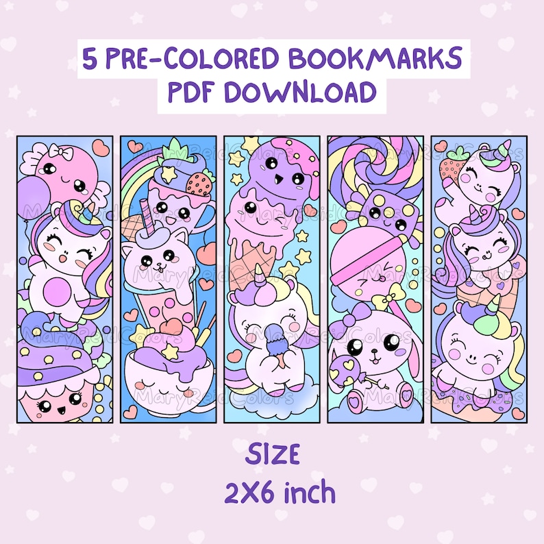 Puede incluir: Cinco marcap&aacute;ginas pre-coloreados con personajes de dibujos animados lindos con un tema de unicornio. Cada marcap&aacute;ginas mide 2x6 pulgadas e incluye una variedad de dise&ntilde;os coloridos con helado, caramelos y otras golosinas dulces. Descarga PDF.