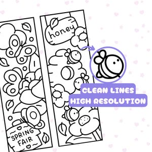 May include: Two black and white bookmarks with spring-themed illustrations. One features butterflies and the text "SPRING FAIR". The other shows bees, flowers, and the word "honey". A purple circle highlights a bee design. The text "CLEAN LINES HIGH RESOLUTION" is also present.