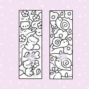 May include: Two black and white bookmarks with whimsical illustrations. One features bears among flowers and leaves, the other shows snails and clouds. The designs are outlined with a delicate, clean style, perfect for book lovers.
