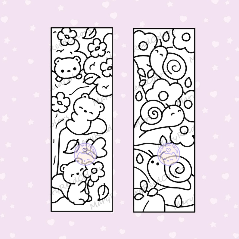May include: Two black and white bookmarks with whimsical illustrations. One features bears among flowers and leaves, the other shows snails and clouds. The designs are outlined with a delicate, clean style, perfect for book lovers.