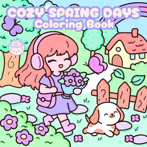 Peut inclure: Illustration num&eacute;rique pour un livre de coloriage intitul&eacute; "Cozy Spring Days Coloring Book". L'image pr&eacute;sente une fille aux cheveux roses et un casque, portant des fleurs, marchant avec un chiot dans un jardin printanier avec une maison et un arc-en-ciel.