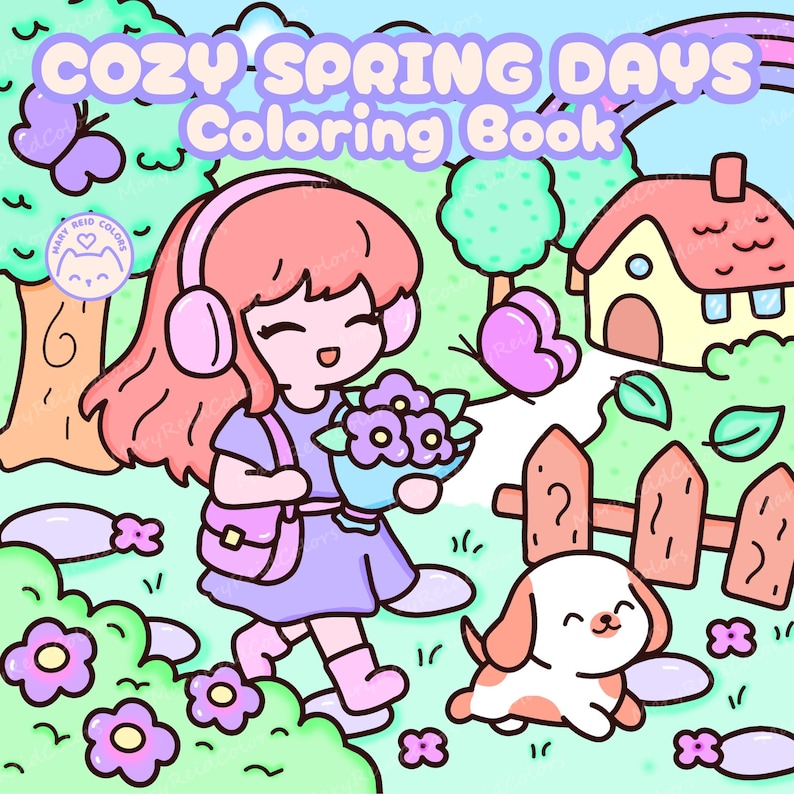 Peut inclure: Illustration num&eacute;rique pour un livre de coloriage intitul&eacute; "Cozy Spring Days Coloring Book". L'image pr&eacute;sente une fille aux cheveux roses et un casque, portant des fleurs, marchant avec un chiot dans un jardin printanier avec une maison et un arc-en-ciel.