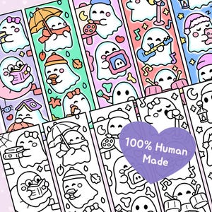 May include: A collection of vertical bookmarks featuring cartoon ghosts in various activities like reading, painting, and playing music. The designs include both full-color illustrations and black-and-white line art, with a purple heart overlay reading 100% Human Made.