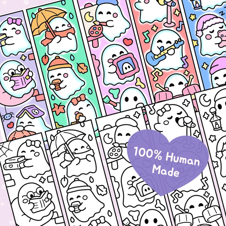 May include: A collection of vertical bookmarks featuring cartoon ghosts in various activities like reading, painting, and playing music. The designs include both full-color illustrations and black-and-white line art, with a purple heart overlay reading 100% Human Made.
