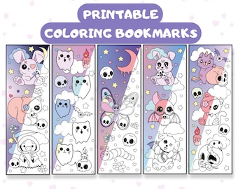 Printable Coloring Bookmarks, Halloween Coloring Bookmarks, Creepy Kawaii Coloring Page, Bookmark To Color, Kawaii Printable, Goth Printable