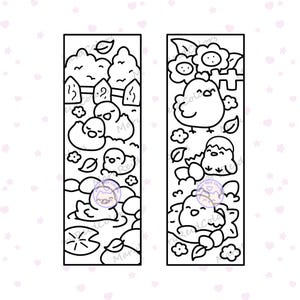 May include: Two black and white bookmarks with whimsical illustrations. One shows ducks in a pond with a fence and trees, the other depicts chicks with flowers and leaves. The designs are outlined in a playful, cartoonish style.