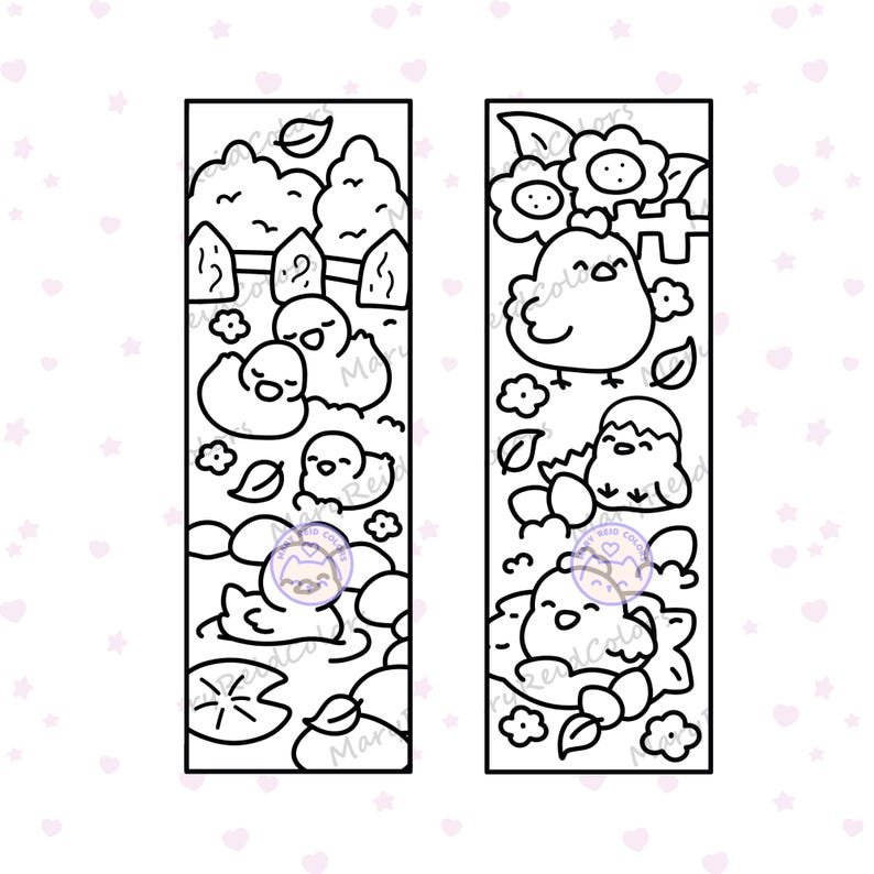 May include: Two black and white bookmarks with whimsical illustrations. One shows ducks in a pond with a fence and trees, the other depicts chicks with flowers and leaves. The designs are outlined in a playful, cartoonish style.