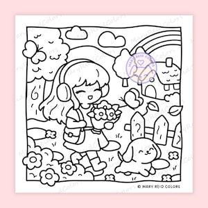 Peut inclure: Illustration en noir et blanc d'une fille avec un casque, portant des fleurs, marchant avec un chien dans un jardin. Un arc-en-ciel, des nuages et une maison sont en arri&egrave;re-plan. L'image est &eacute;tiquet&eacute;e "MARY REID COLORS."