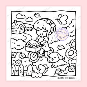 Peut inclure: Illustration en noir et blanc d'une fille &agrave; v&eacute;lo avec un panier contenant un chiot. Un autre chiot est au sol. La sc&egrave;ne comprend une maison, des fleurs, des papillons et des nuages. Le texte indique "MARY REID COLORS."