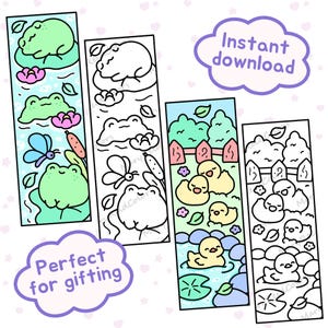 May include: Four illustrated bookmarks with cartoon designs. One shows a frog on a lily pad, another a frog outline, a third has yellow ducklings, and the last has duckling outlines. The text "Instant download" and "Perfect for gifting" are included.