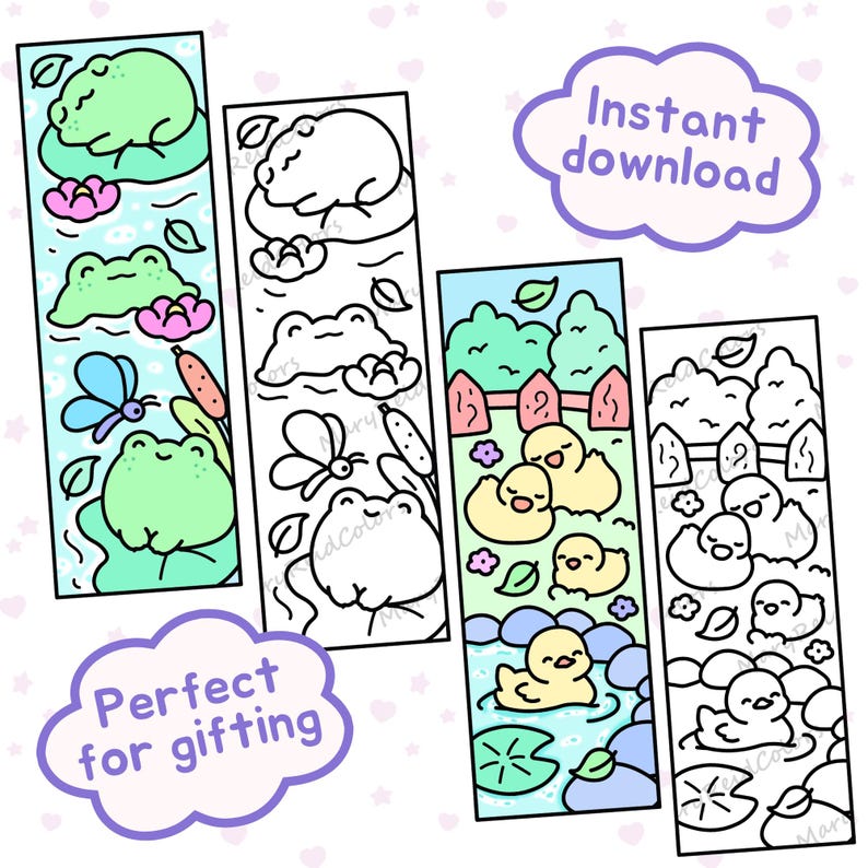 May include: Four illustrated bookmarks with cartoon designs. One shows a frog on a lily pad, another a frog outline, a third has yellow ducklings, and the last has duckling outlines. The text "Instant download" and "Perfect for gifting" are included.