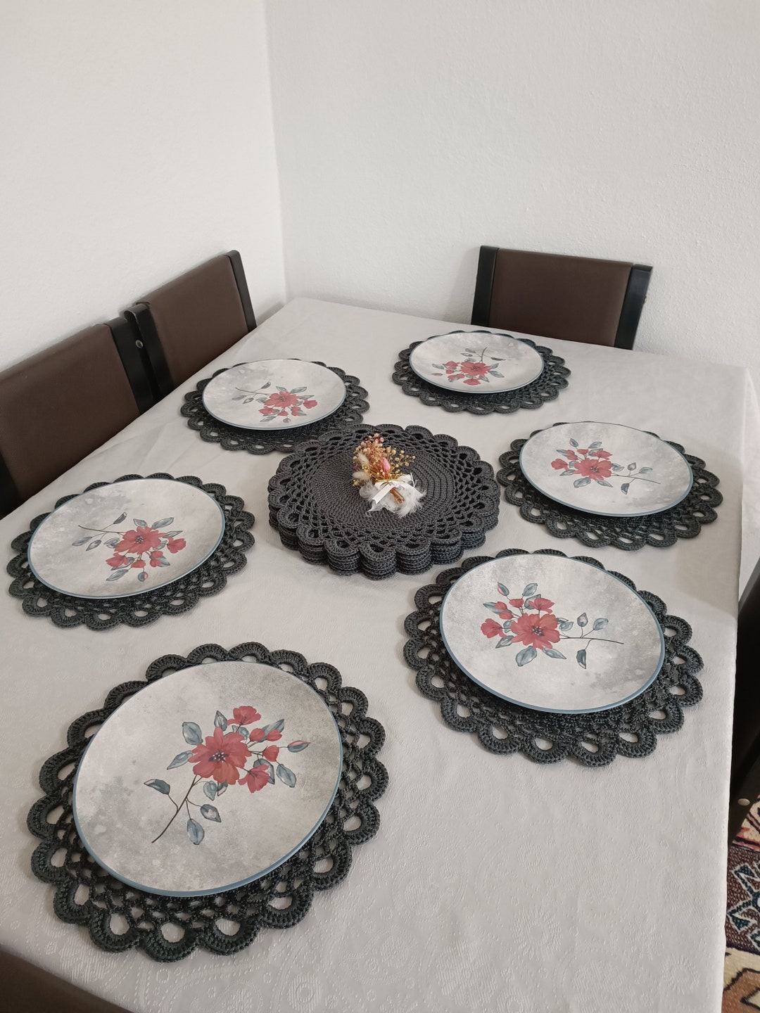 Handmade Table Mat, Crochet Supla Set, American Service, Dinner