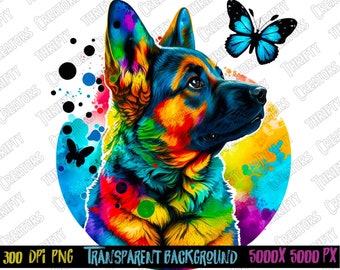 Colorful German Shepherd Dog PNG, Transparent Background (Digital Download)