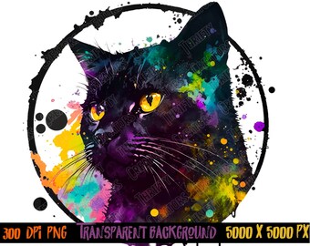 Aquarell schwarze Katze PNG, buntes Sublimationsdesign (digitaler Download)