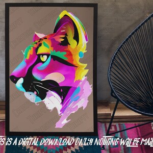 May include: A digital illustration of a colorful cougar head with a pink, yellow, blue, and black color scheme. The cougar is facing to the left and has a fierce expression.