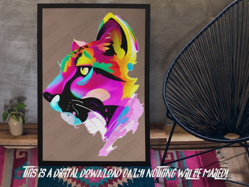 May include: A digital illustration of a colorful cougar head with a pink, yellow, blue, and black color scheme. The cougar is facing to the left and has a fierce expression.