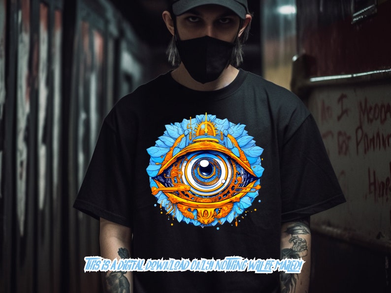 May include: A black t-shirt with a graphic of a blue and gold eye surrounded by a flower design. The text "This is a digital download only. Nothing will be mailed!" is printed on the bottom of the shirt.
