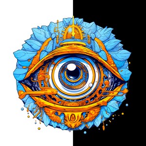 May include: A stylized eye with a gold and blue design. The eye is surrounded by a circular frame of blue leaves and gold accents. The eye is open and looking directly at the viewer.