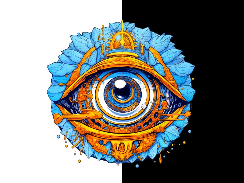 May include: A stylized eye with a gold and blue design. The eye is surrounded by a circular frame of blue leaves and gold accents. The eye is open and looking directly at the viewer.