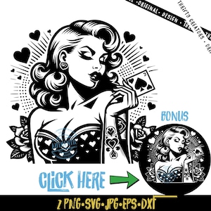May include: Black and white illustration of a pin-up girl holding a playing card with a spade symbol. She is wearing a polka dot bustier and has a heart tattoo on her arm. The image includes the text "Bonus" and "Click Here".