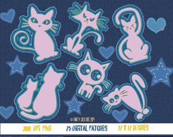 Embroidered Cats Clipart PNG – Cat Lover Graphics, Journaling (Digital Download)