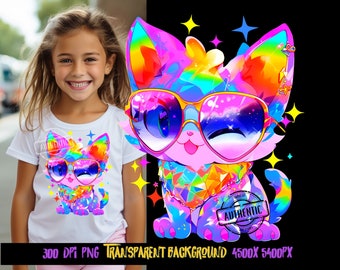 Kawaii Cat PNG, Colorful Kitten Sublimation Design (Digital Download)