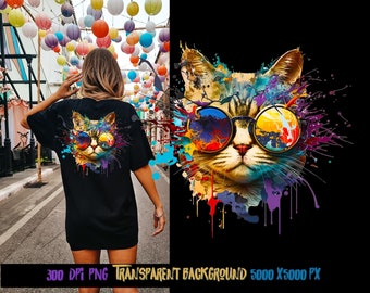 Colorful cat png, t-shirt designs, sublimate designs, urban design, hip hop png, urban style, dtf designs, watercolor cat, dtf png, mug wrap
