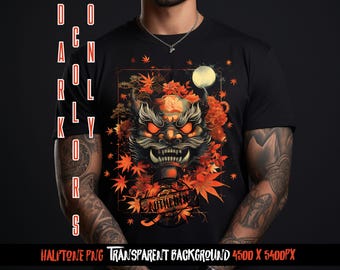 Japanese Art Oni Mask Halftone png, dtf DTG POD Designs