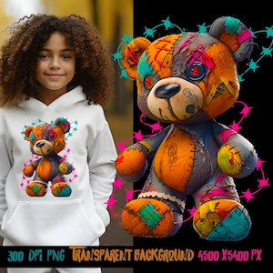 Tattered Teddy Bear-png-bestand voor kleurrijk subliem ontwerp.  Png voor shirt, sublimatieontwerpen voor urban design en streetwear