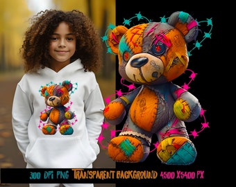 Tattered Teddy Bear png for Colorful sublimate design.  Png for shirt, sublimation designs for urban design and streetwear