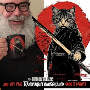 Diseños DTF, streetwear PNG, sublimación, gato anime, katana cat, camiseta cool, diseños de mascotas, arte para camisetas