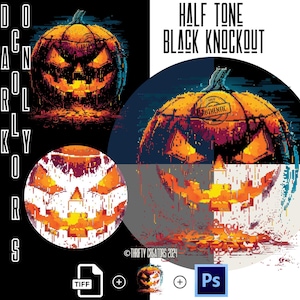 8 bit Jack O Lantern Halftone Image Pack - Thrifty Halftones ©, PSD, PNG and Tiff files included, direct to film, dtf tshirt designs, png