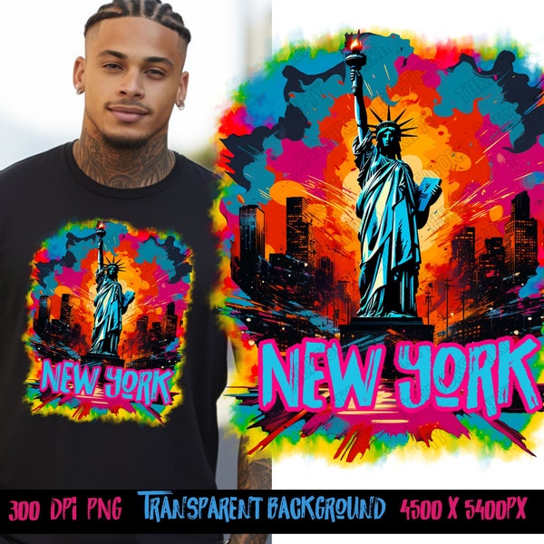 New York Cityscape and Statue of Liberty, neon Graffiti png for Colorful png design. Sublimation designs for urban design and streetwear png