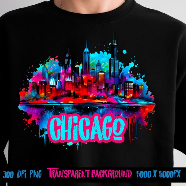 Chicago windy city Skyline Cityscape, neon Graffiti png for Colorful png design. Sublimation designs for urban design and streetwear png