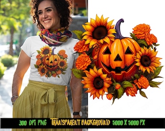 Kürbis Sonnenblume Herbst PNG, Halloween Shirt Design (digitaler Download)