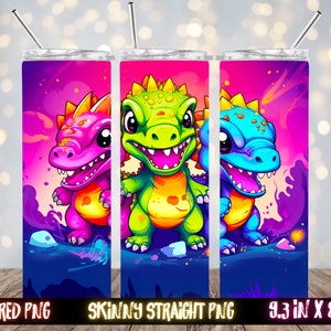 Baby T-Rex met grote ogen kleurrijke 20oz kinderbeker sublimatie ontwerpsjabloon, beker wraps voor kinderen, instant download, png