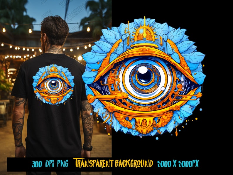 May include: A colorful, psychedelic eye with a gold frame and blue flower petals. The eye is surrounded by a golden, intricate design.