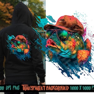 Op de afbeelding: Een kleurrijke illustratie van een vis met een zonnebril en een bruine baseballpet. De vis is omringd door blauwe, oranje en roze verfspatten op een witte achtergrond.