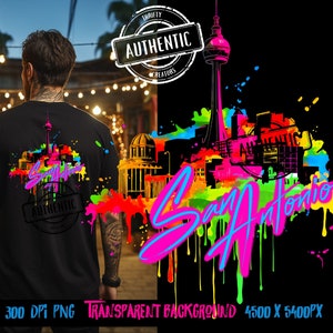 May include: A colorful graphic design featuring the San Antonio skyline with a dripping paint effect. The design includes a tall tower, buildings, and the text "San Antonio" in a pink and blue font. The design is set against a black background.