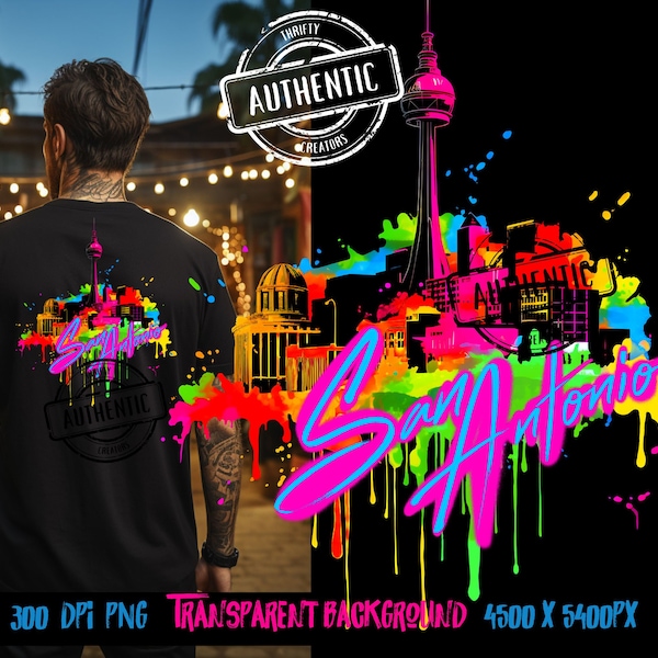 San Antonio Texas Cityscape skyline png, neon Graffiti png for Colorful png design. Sublimation designs for urban design and streetwear png