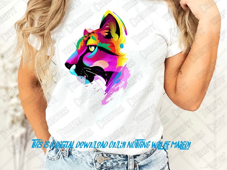May include: A digital download of a colorful, abstract design of a cougar's head. The design is painted in shades of pink, blue, yellow, and green, with black accents. The design is perfect for use on t-shirts, mugs, tote bags, and other merchandise.