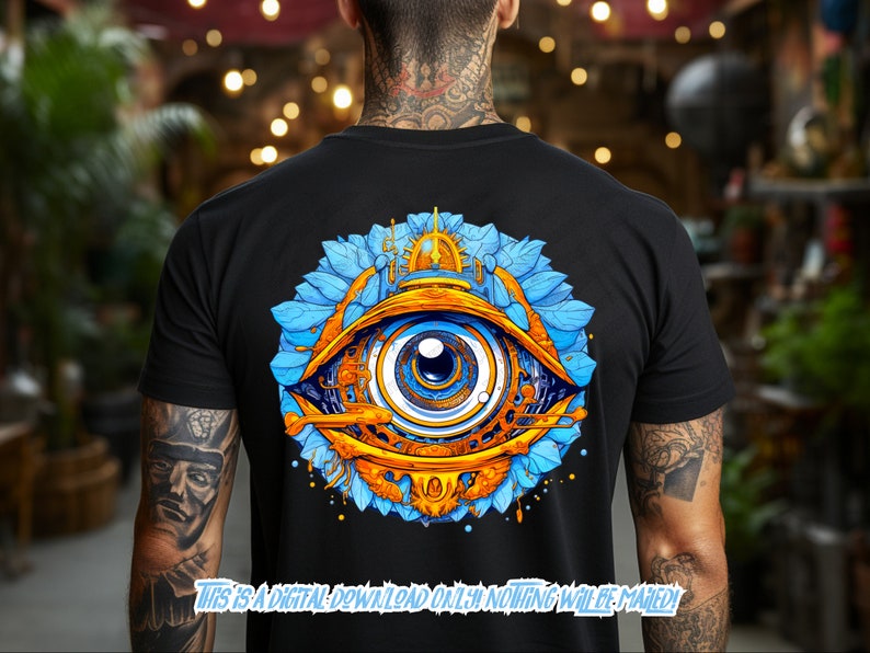 May include: A black t-shirt with a colorful graphic of a large eye surrounded by blue and gold floral elements. The eye is detailed with gears and other mechanical elements.