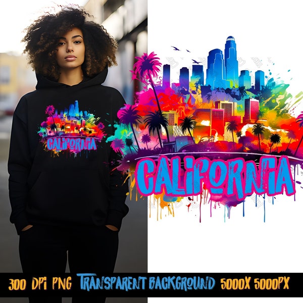 California Cityscape, neon Graffiti png for Colorful png design.  Png for shirt, sublimation designs for urban design and streetwear png